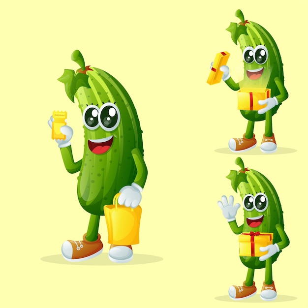 Vector cute cucumber characters receiving gifts