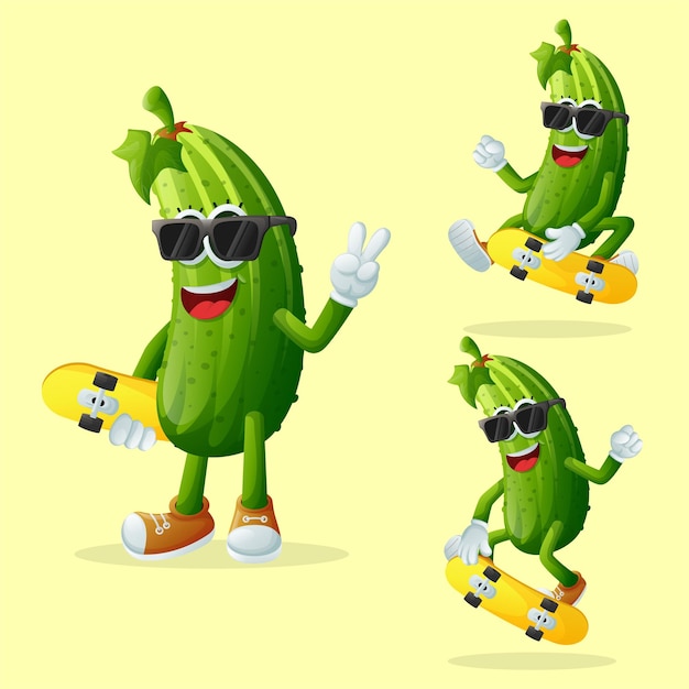 Cute cucumber characters skateboarding