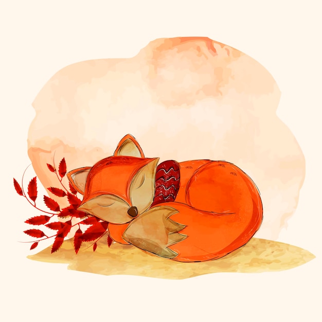 Cute and cuddly little fox sleeping hand drawn in watercolor Card to write nice messages