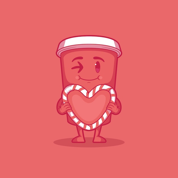 Cute cup character holding a straw heart vector illustration\
emotion funny love design concept