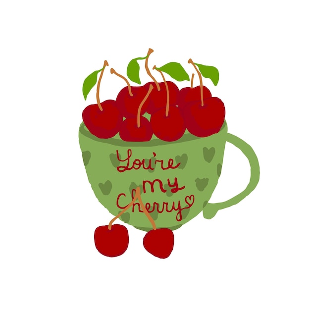 Vector a cute cup full of cherries with text on it saying you are my cherry valentines day card romantic