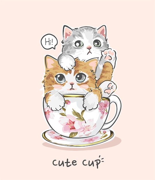 花のティーカップのイラストでかわいい猫のカップルとかわいいカップのスローガン