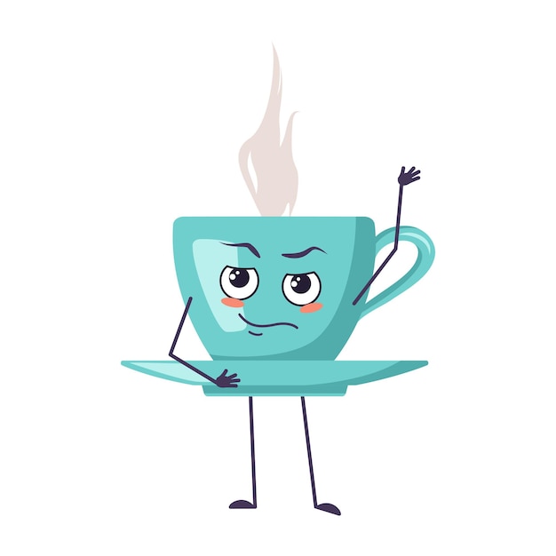 Cute cup of tea character with emotions, face, arms and legs.