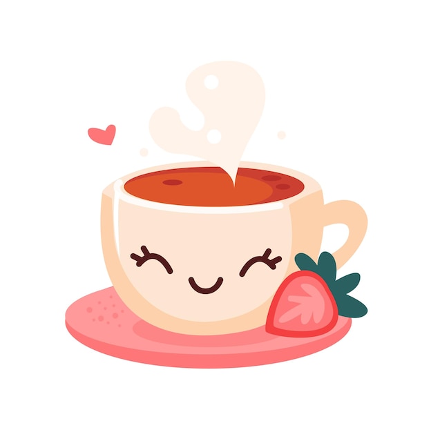 Cute cup of tea with strawberry Vector illustration in cartoon style