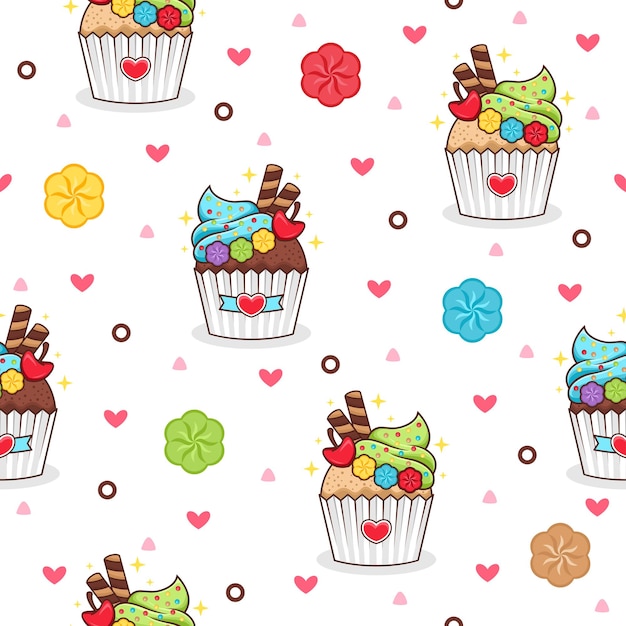 ベクトル かわいいカップケーキ漫画のベクトル パターン背景