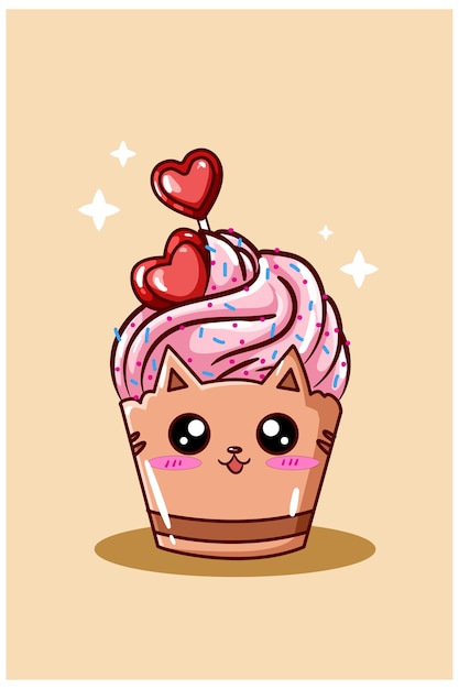 Un simpatico gelato rosa gatto cupcake con caramelle amore