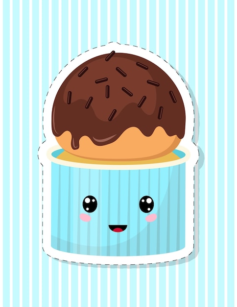 Cute cupcake character. Cake decorated with chocolate icing. The sticker in the style of kawaii.