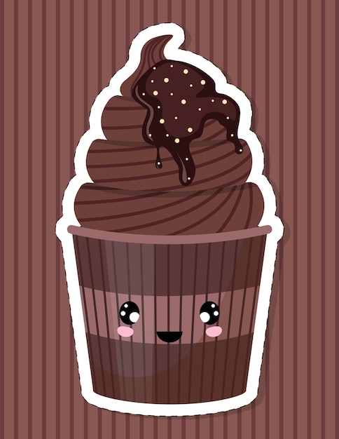 Cute cupcake character. Chocolate cake sticker in the style of kawaii. Vector illustration.