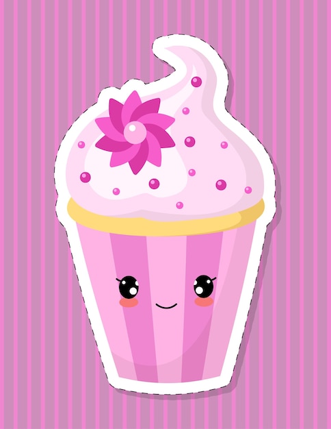 Cute cupcake character in kawaii style. Pink cake decorated with cream and sugar flower.