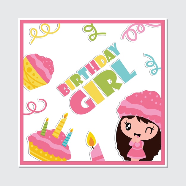 Vector cute cupcake girl, candle and birthday cake