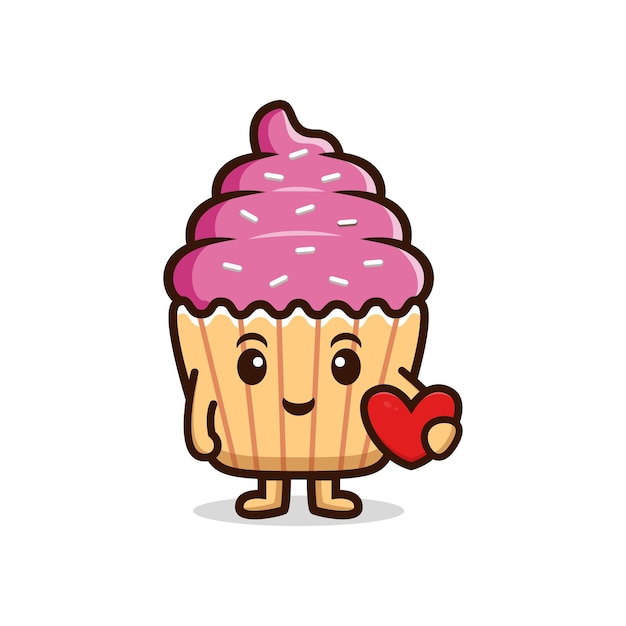 Vector cute cupcake holding heart. food character icon illustration