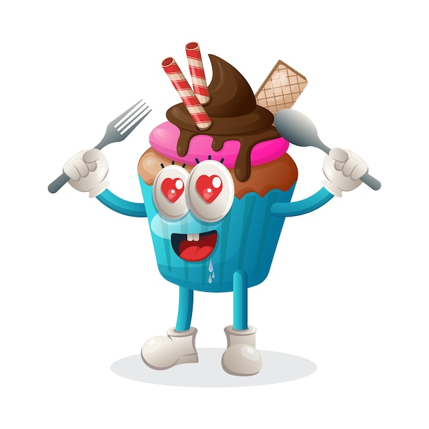 Cute cupcake mascot holding spoon and fork