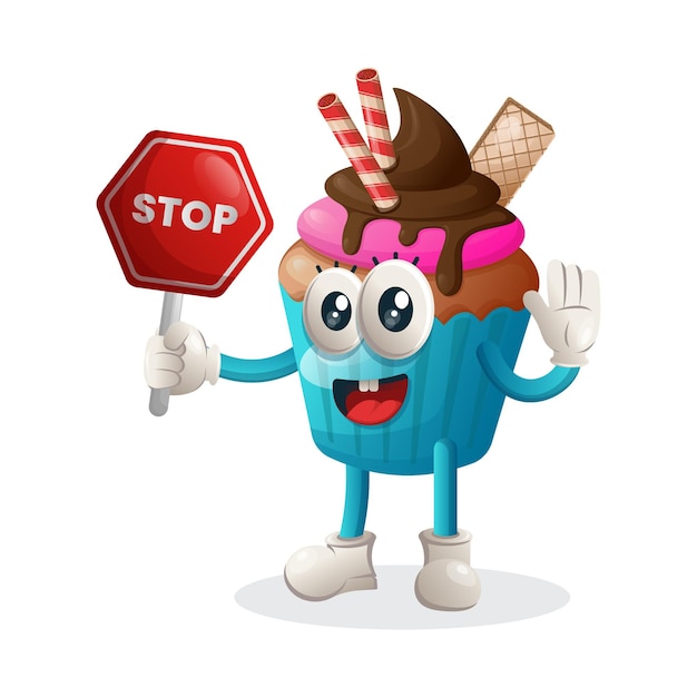 Cute cupcake mascot holding stop sign street sign road sign