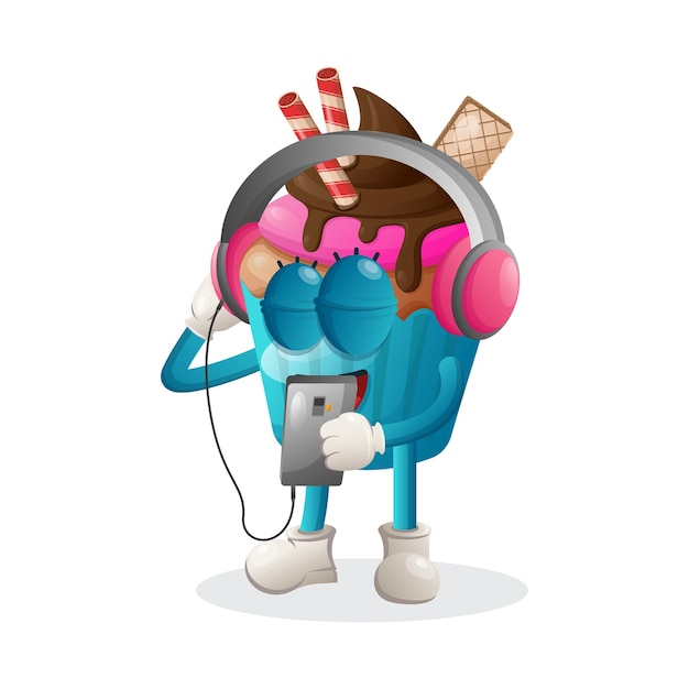 Cute cupcake mascot listening music on a smartphone using a headphone