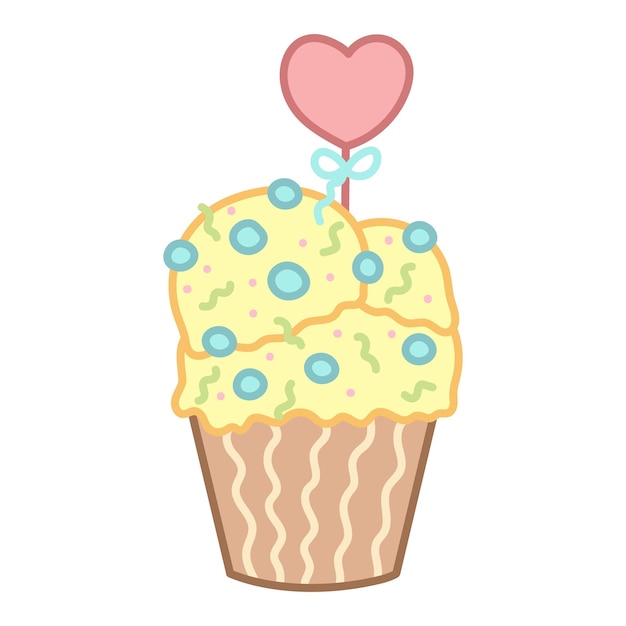 Cute cupcake with yellow icing in cartoon style Heart decoration Vector isolated on white background