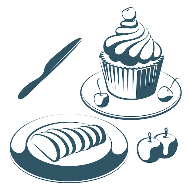Vettore carino cupcakes impostato isolato su sfondo bianco. illustrazione vettoriale. disegno vettoriale cupcake su un briciolo