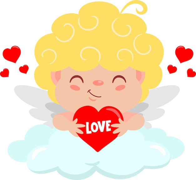 Vettore cuccio angelo cupido personaggio dei cartoni animati con il cuore d'amore nella nuvola