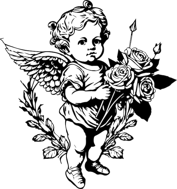 Vector cute cupid baby holding roses