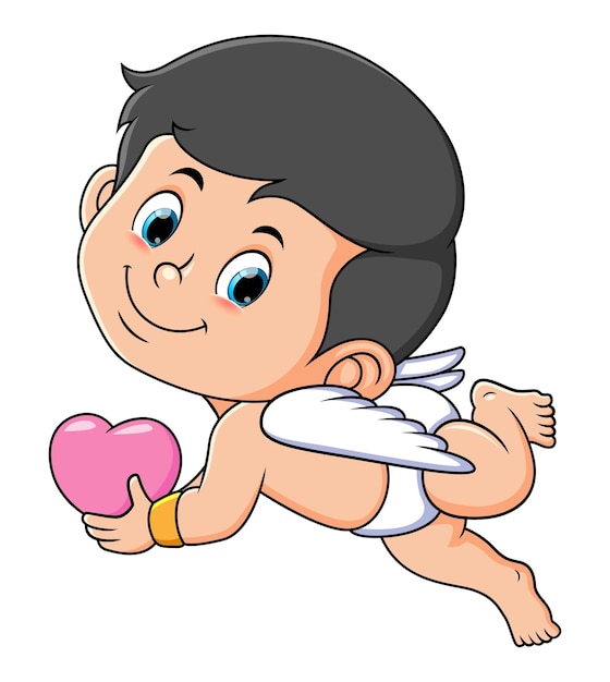 Vector the cute cupid boy is flying and holding the love sign