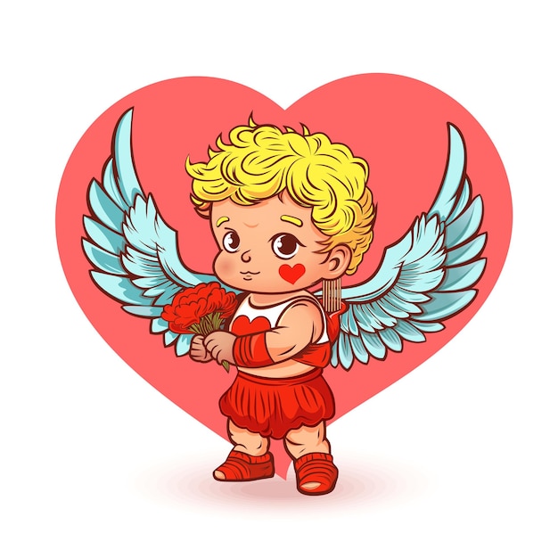 Cute Cupid boy with a bouquet of flowers against the background of the heart