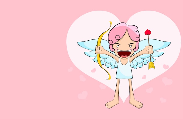 Cute cupid cartoon on pink hearts background