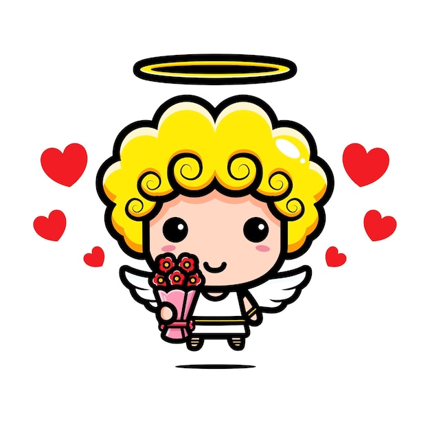 Cute cupid giving a bouquet of flowers