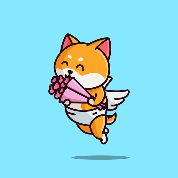 Cute cupid shiba smile holding love bouquet cartoon vector illustration animal love isolated