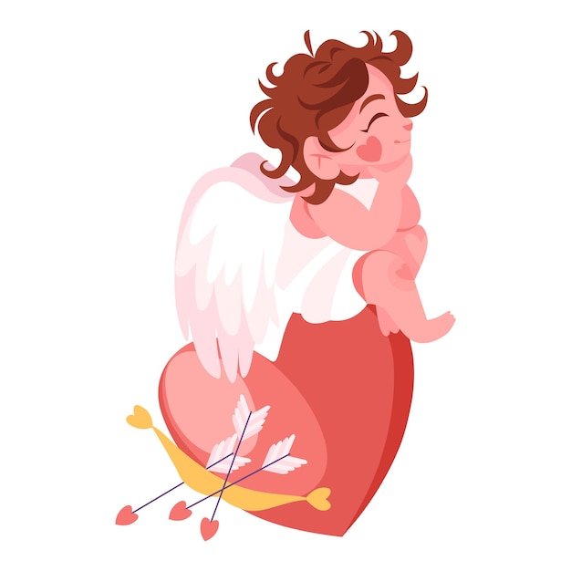 Cute cupid sitting on the top of the heart with arrows Valentines day concept Cartoon character