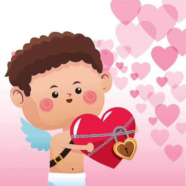 Vector cute cupid with heart locked cartoons