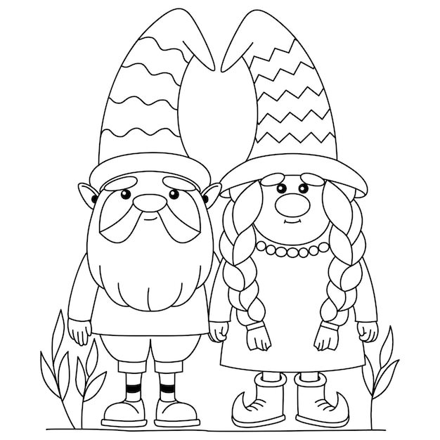 Cute Cuple Gnome or dwarf cartoon character outline coloring pages