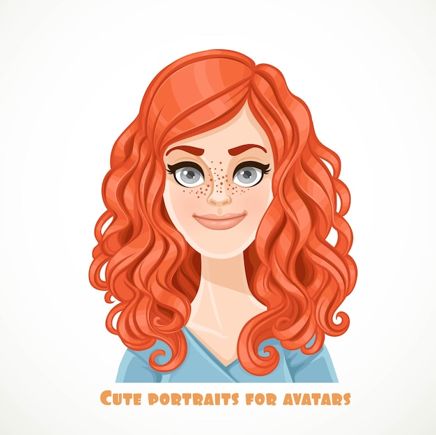 Cute curly redhaired young woman portrait for avatar isolated on a white background