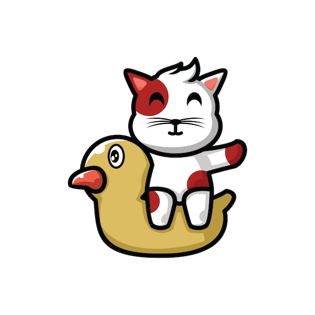 Cute cute cartoon character mascot vector illustration a cat is riding a toy duck