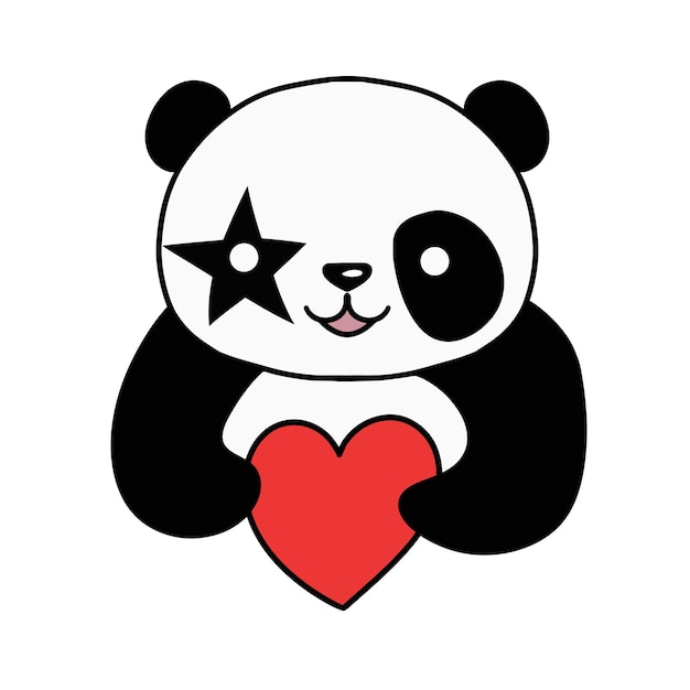 Милая милая панда с сердцем в руках Ручной рисунок векторной черно-белой иконки