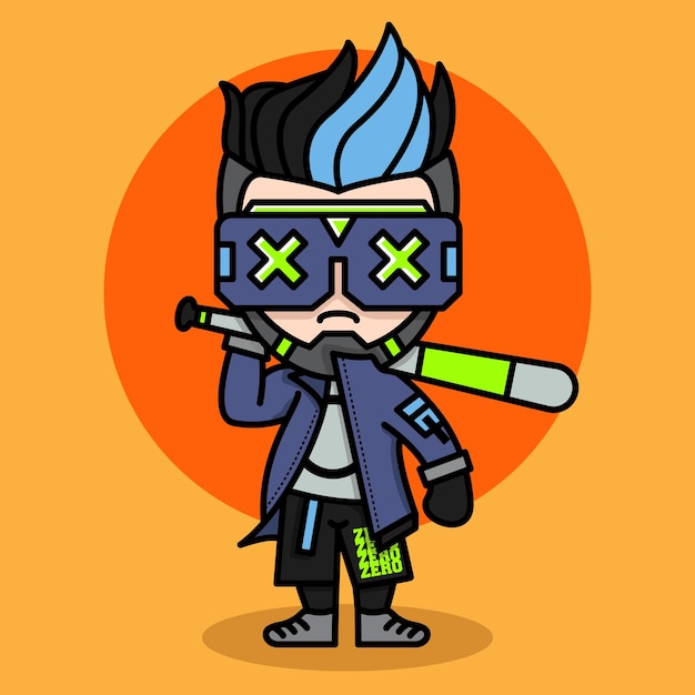 Simpatico giocatore di baseball cyberpunk chibi character design