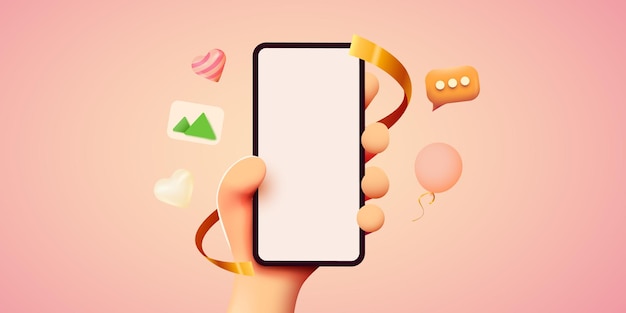 Cute d cartoon hand holding mobile smart phone modern mockup