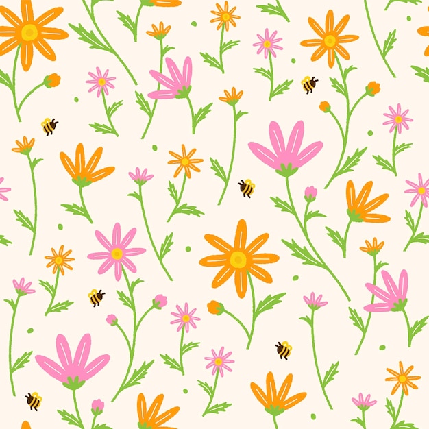 Cute Daisy Flower on Field Bee Spring Summer Orange Pink Wedding Invitation Card Square Seamless Pattern Vector Illustration Print Fabric Texture Textile Background Paper Cover Fabric Decor