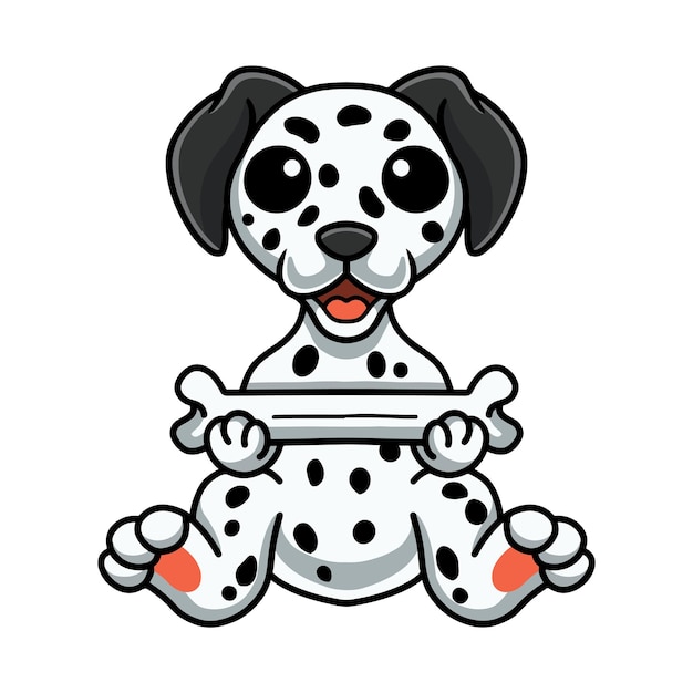 Vettore cartone animato carino cane dalmata che tiene un osso