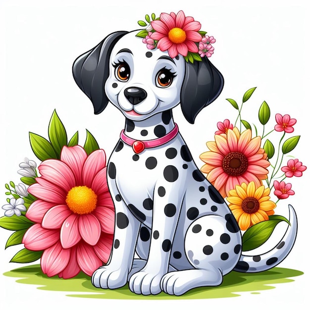 Cute Dalmatian Dogs Flower Vector Cartoon illustration