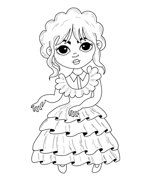 Cute dancing wednesday girl Outline hand drawing fantasy character cartoon little girl
