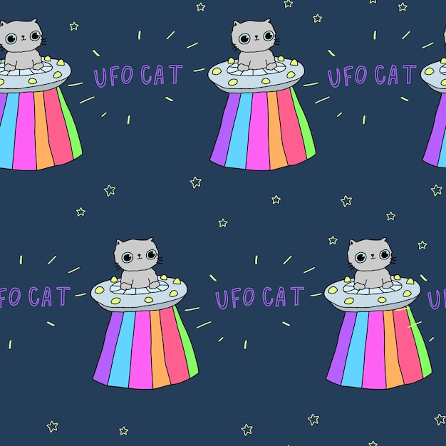 Simpatico motivo blu scuro con stelle ufo gatti testo animali domestici sfondo senza cuciture tessili per bambini