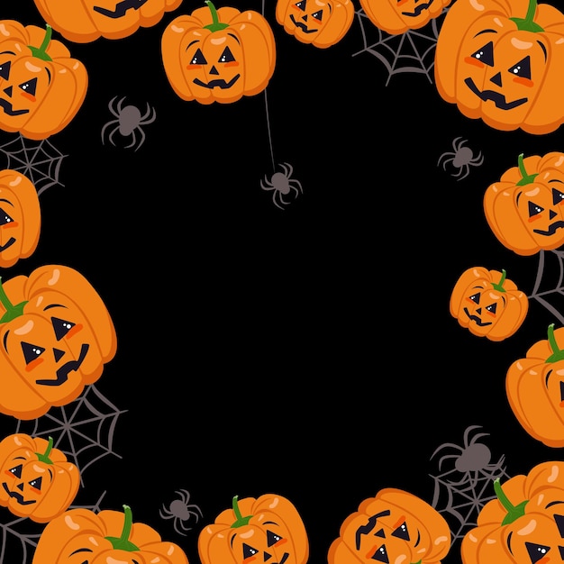 Cute dark frame with pumpkins, cobwebs and spiders. Halloween party decoration.