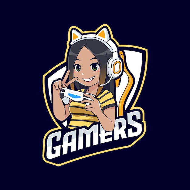 Vector cute dark skin gamer girl cartoon logo template