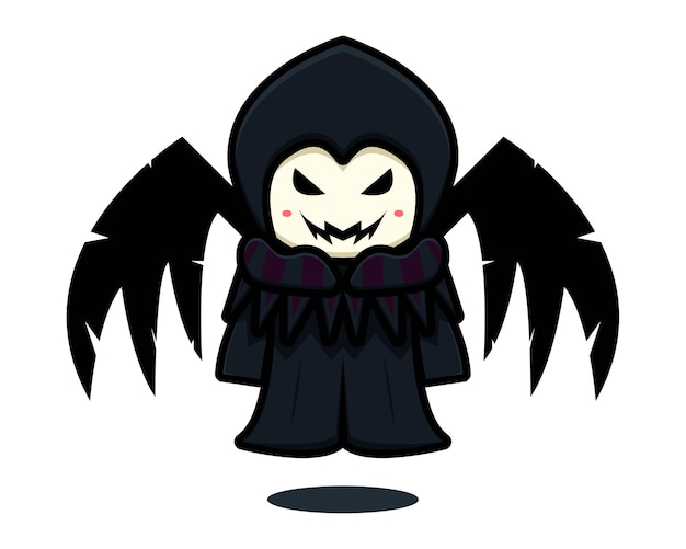 黒い翼の漫画のベクトルアイコンイラストとかわいい暗い魔女のマスコットキャラクター。白で隔離のデザイン。フラットな漫画のスタイル。