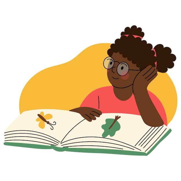 Cute darkskinned girl reading a book and dreaming Concept of childhood curiosity learning