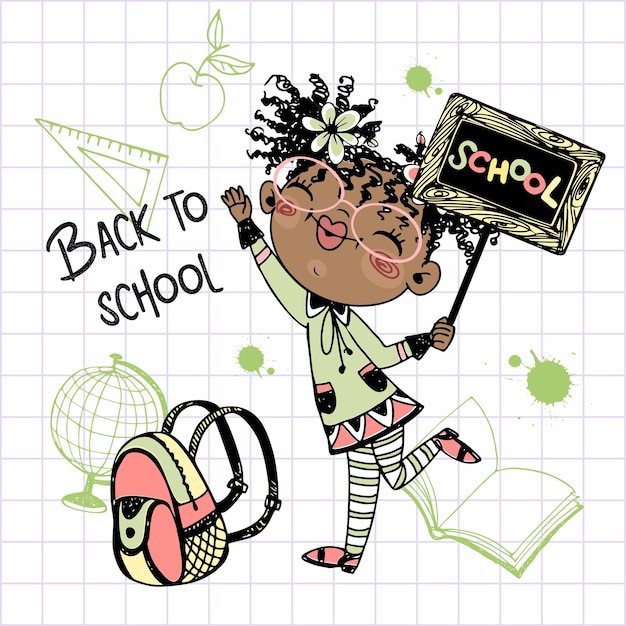 Cute darkskinned girl with pigtails with a school backpack goes to school Back to school Vector