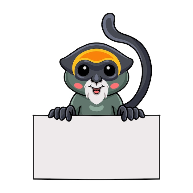 Cute de brazza's monkey cartoon holding blank sign