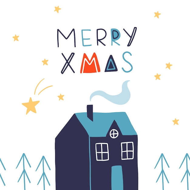 丘の上の家と木とかわいい装飾的なグリーティング カード トレンディな幼稚なスタイル クリスマス ポスター カラフルなテクスチャ ベクトル イラスト手書きレタリング メリー クリスマス