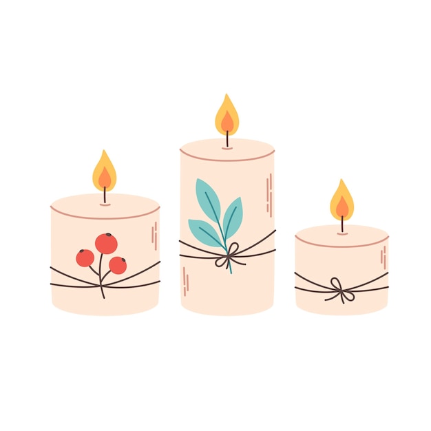 Cute decorative wax candles with leaf and viburnum