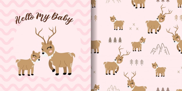 cute deer animal seamless pattern with baby card