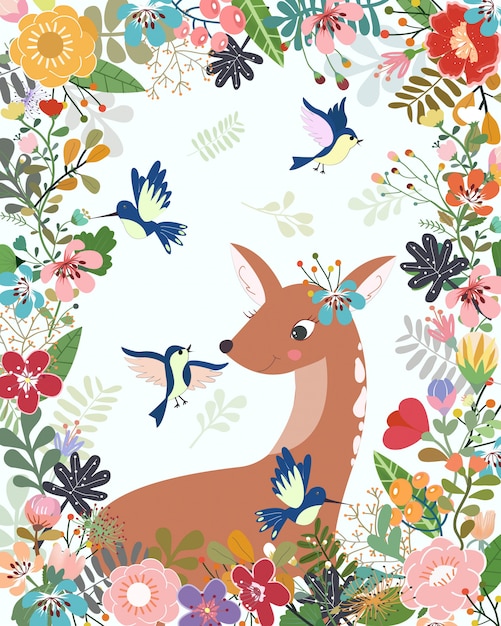 Cute deer and bird in colorful  floral frame.